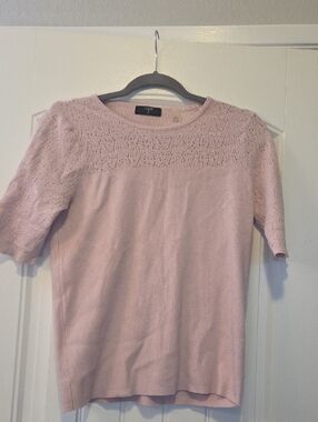 Tahari Blush Pink Eyelet Knit Short Sleeve Top